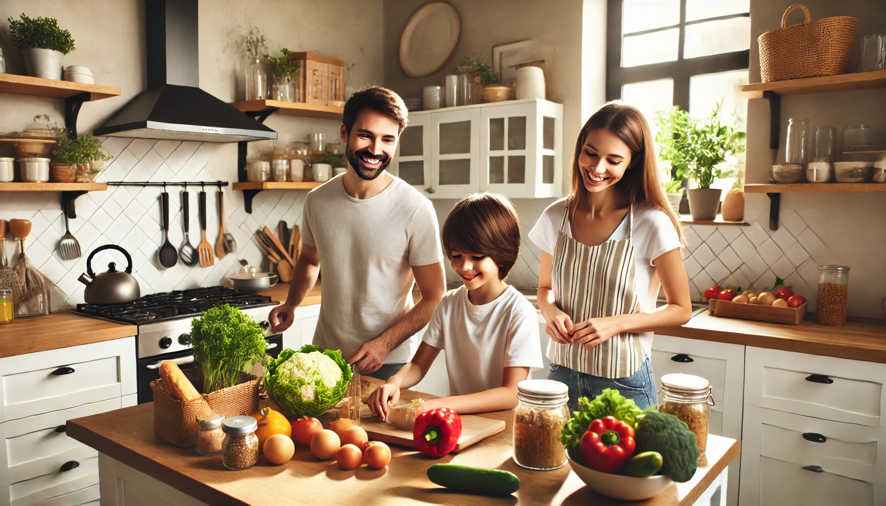 A family at home, preparing a meal together in a modern kitchen.