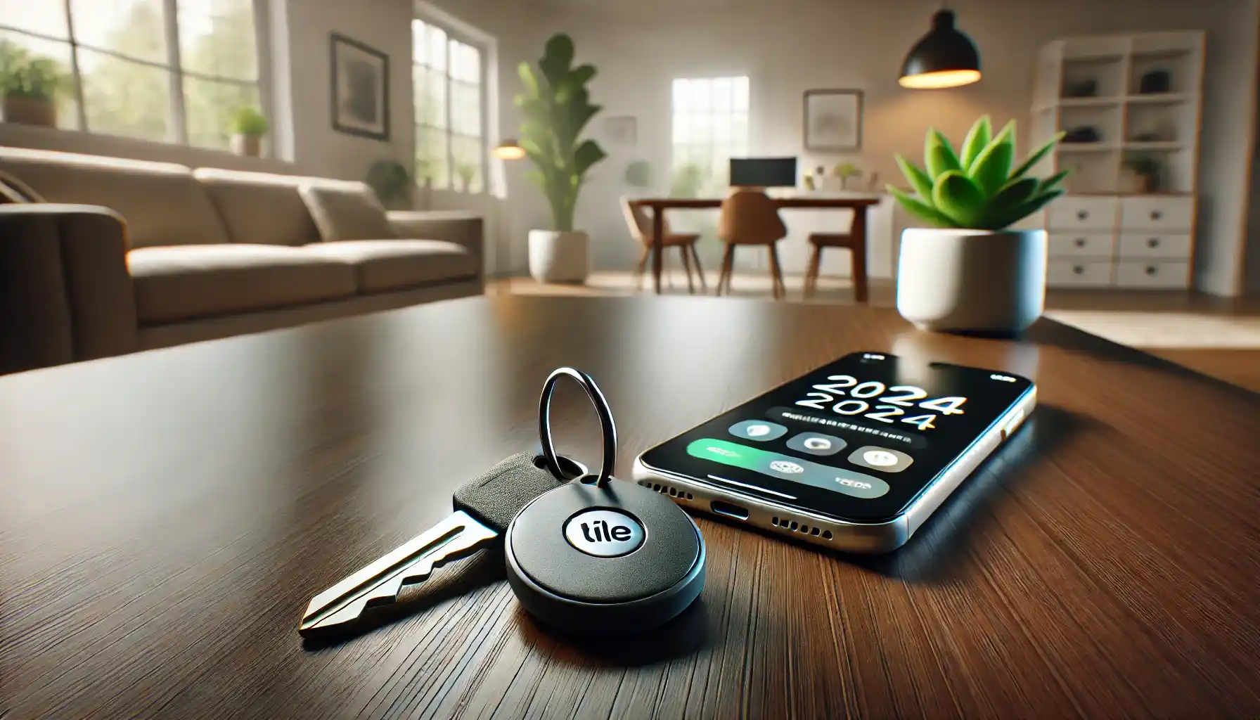 the Tile Mate (2024) tracker attached to a set of modern car keys on a sleek wooden table. 