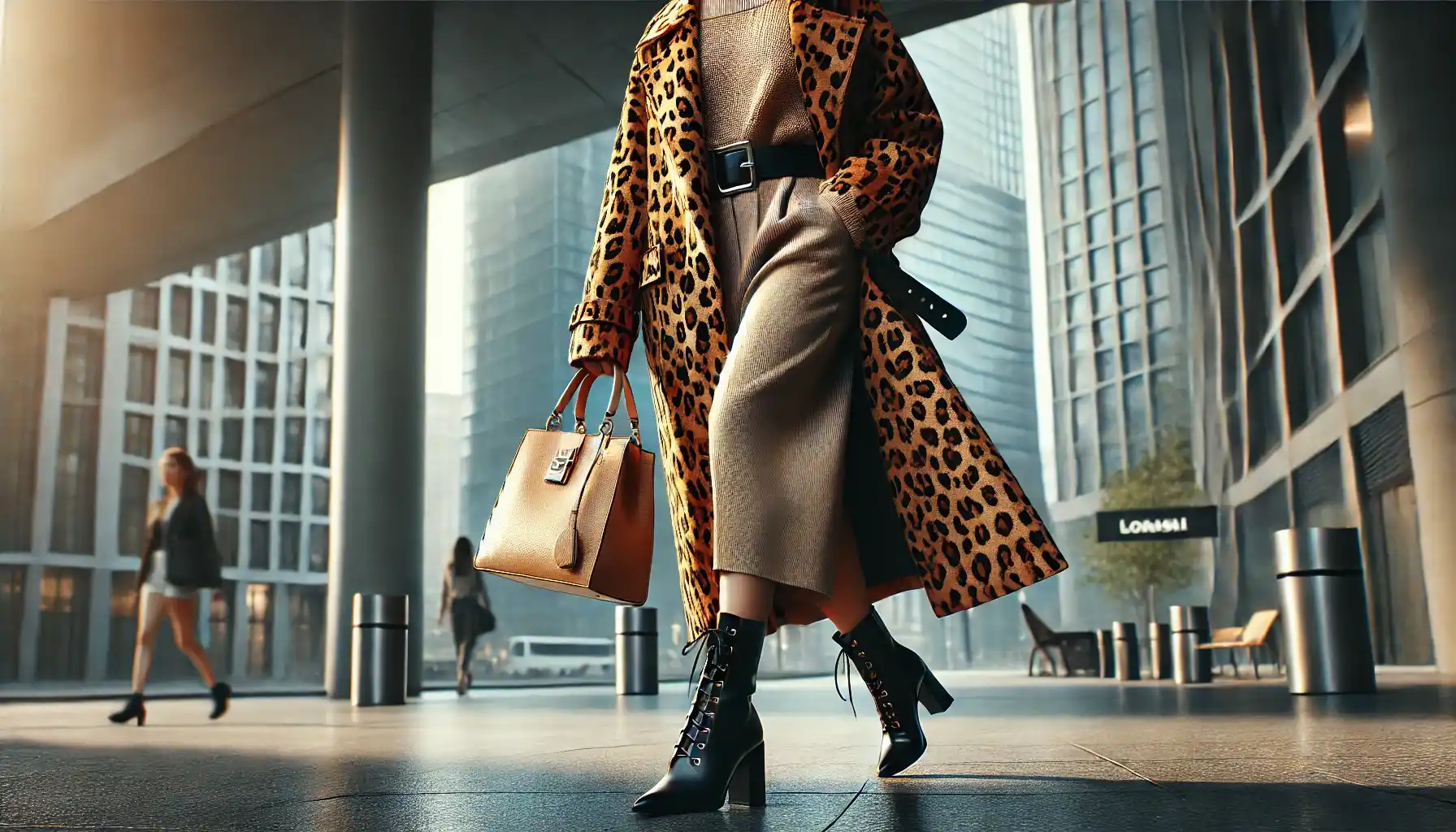 a stylish woman wearing a leopard-print trench coat with black ankle boots and carrying an oversized beige bag.