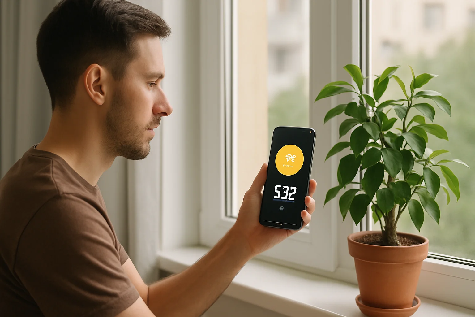 A young man holds his smartphone by a window to check the light level for a potted plant.