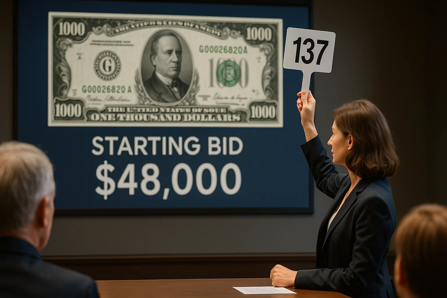 A businesswoman raises her bidder's tablet at a numismatic auction, where a $1000 bill appears prominently on the screen behind her alongside the opening bid.